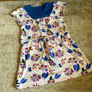 Tea Collection Floral Dress V Neck Short Sleeve 100% Cotton Cream Blue: 7